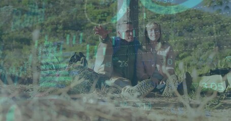 Poster - Animation of graphs, loading circles and trading board over caucasian couple sitting against pole