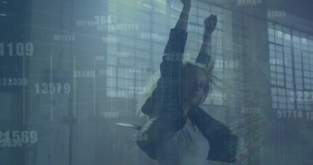 Poster - Animation of graphs and changing numbers over biracial woman dancing with glow stick