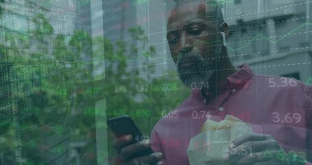 Poster - Animation of bars and trading board, senior african american man with food scrolling on cellphone