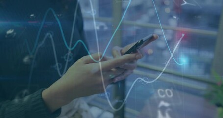 Poster - Animation of graphs, icons over midsection of caucasian woman scrolling on smartphone