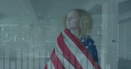 Poster - Animation of multiple graphs over caucasian woman wrapping national flag of america on body