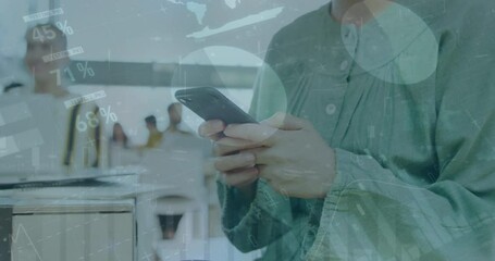 Poster - Animation of infographic interface over midsection of caucasian woman scrolling on smartphone