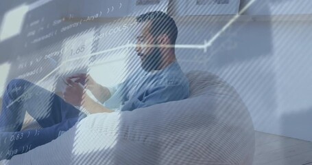 Poster - Animation of graphs, lines and computer language over caucasian man using smartphone