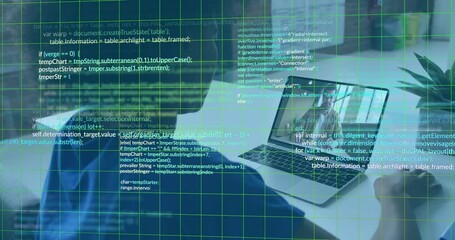 Poster - Animation of computer language over diverse coworkers discussing report during video call on laptop