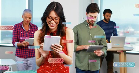 Poster - Animation of numbers in notification bars over diverse coworkers using digital tablets and laptop