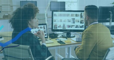 Poster - Animation of growing graphs and grid pattern over diverse coworkers discussing on desk in office