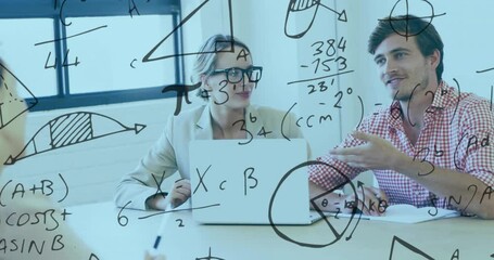Poster - Animation of mathematical equation and diagram, diverse coworkers sharing ideas in office
