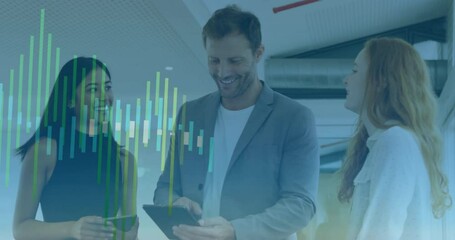 Poster - Animation of multicolored graphs over diverse coworkers standing and discussing in office