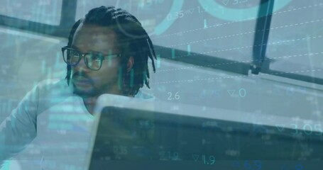 Poster - Animation of infographic interface over african american businessman with dreadlocks using computer