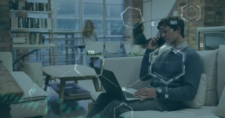 Poster - Animation of hexagons with chemical formula, caucasian businessman talking on phone and using laptop