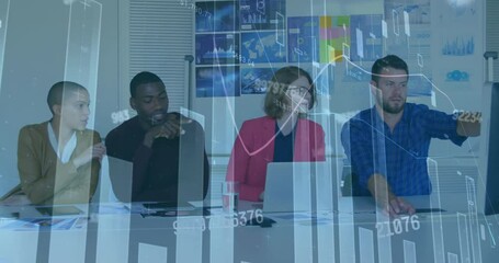 Poster - Animation of infographic interface over diverse colleagues discussing over computer in meeting room