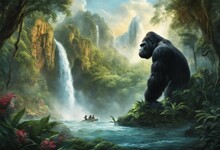AI Generated Illustration Of A Gorilla Stands Beside A Powerful Waterfall