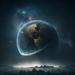 ai generated illustration of the earth floating in a nebula sky over a planet