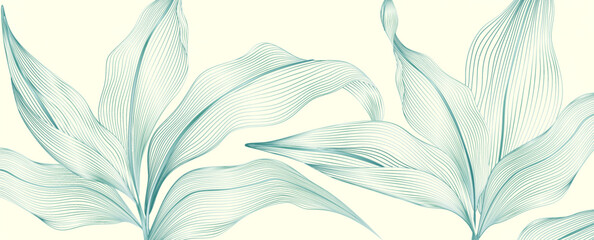 Botanical light art background with exotic leaves hand drawn in line art style. Banner with tropical plants for decoration, print, wallpaper, textile, interior design, packaging.