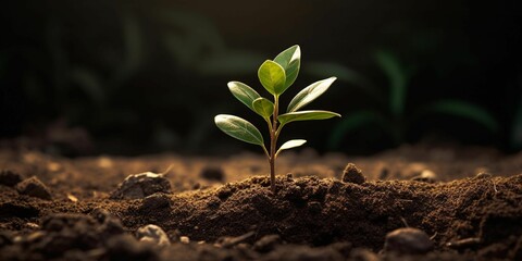 AI generated illustration of a lush green plant growing in the middle of a bed of dirt and soil