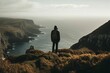 AI-generated illustration of a man standing on a mountain top looking at the sea.