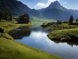 AI generated illustration of a river surrounded by green mountains and two houses on the shoreline