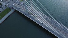 Aerial: Cars, Street Tram Cross Cable Stayed Crusell Bridge, Helsinki