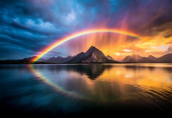 Wall Mural - AI generated rainbow arching over a mountain range at sunset