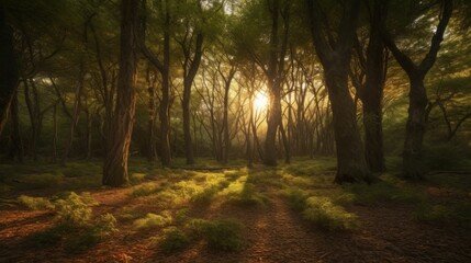  AI-generated illustration of a forest under the bright sunlight during the golden hour
