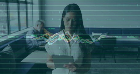 Poster - Animation of colorful graphs over african american businesswoman working over digital tablet