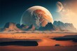 AI generated illustration of a planet seen over desert hills and sand dunes
