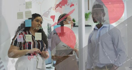 Poster - Animation of infographic interface over diverse colleagues brainstorming ideas over sticky notes