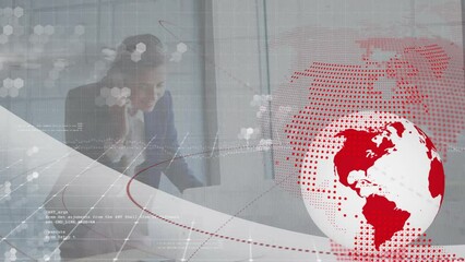 Poster - Animation of globe and computer language, caucasian businesswoman talking on phone and using laptop