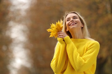 Wall Mural - Portrait of happy woman with autumn leaves outdoors. Space for text