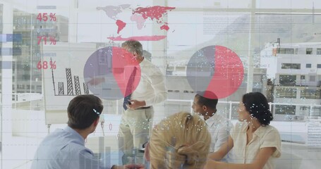 Poster - Animation of infographic interface moving over diverse businessman giving presentation to colleagues