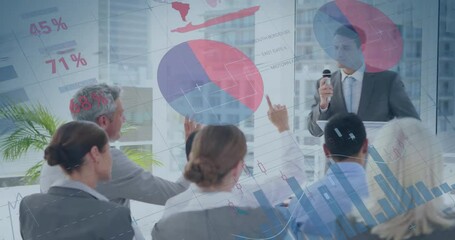 Poster - Animation of infographic interface over diverse businessman answering to audience in conference
