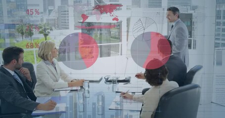 Poster - Animation of infographic interface over diverse manager explaining sales report to colleagues