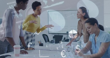 Poster - Animation of infographic interface moving over diverse colleagues discussing project ideas in office