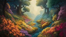 AI Generated Illustration Of A Lush And Vibrant Forest, Featuring A Variety Of Trees And Wildflowers