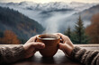 Hands holding cup of coffee with steam and foam, on wooden table, mountains background. Generative AI.