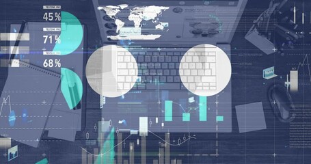 Poster - Animation of infographic interface moving over laptop and office supplies on desk