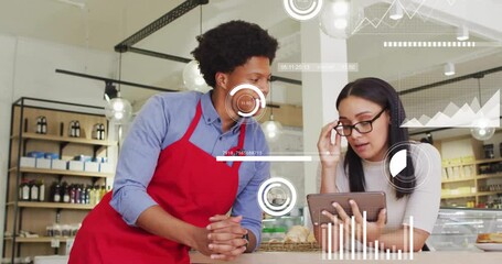 Poster - Animation of multiple graphs moving over diverse coworkers discussing over tablet in office