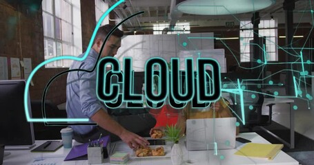 Wall Mural - Animation of cloud text in cloud over caucasian coworkers having snacks and coffee in office