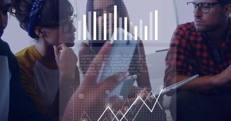Poster - Animation of graphs, loading circles and bars over diverse coworkers sharing ideas in office