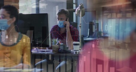 Canvas Print - Animation of multiple graphs over caucasian man wearing mask talking on cellphone and using computer