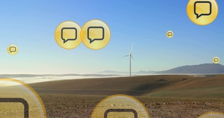 Poster - Animation of speech bubble icons over windmills on field against clear sky