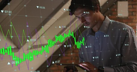 Poster - Animation of multiple graphs with changing numbers over caucasian man scrolling on digital tablet