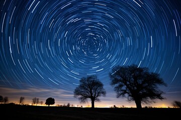 Wall Mural - ai generated illustration of a long exposure with star trails drawn across the night sky
