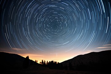 Wall Mural - ai generated illustration of a long exposure with star trails drawn across the night sky