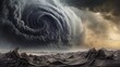 AI generated illustration of a powerful storm raging at sea, with huge waves crashing against rocks