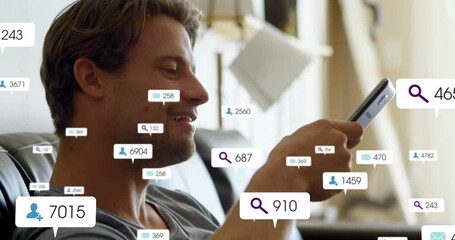 Poster - Animation of changing numbers, icons in notification bars, caucasian man looking at smartphone