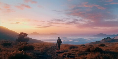 Wall Mural - person hiking in the mountains at sunrise, ai-generated.