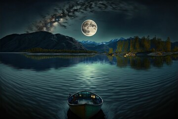 Wall Mural - ai generated illustration of a tranquil river illuminated by a luminous full moon in the night sky