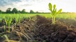 AI generated illustration of sprouting plants in a farm field under the sunlight