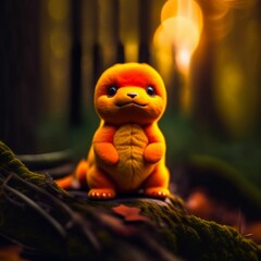 Sticker - AI generated illustration of a toy animal perched atop a tree trunk in a serene, wooded setting